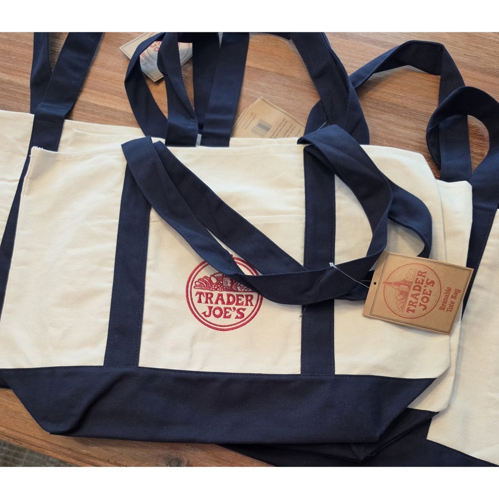 Trader Joe's Canvas Reusable Tote Bag Navy Blue Cream Heavy Duty Shopper NWT